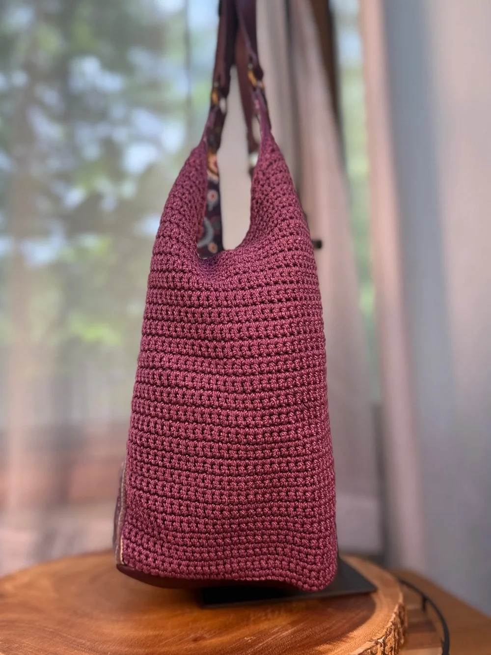 Purple Crochet Tote Bag with Embroidered Panel